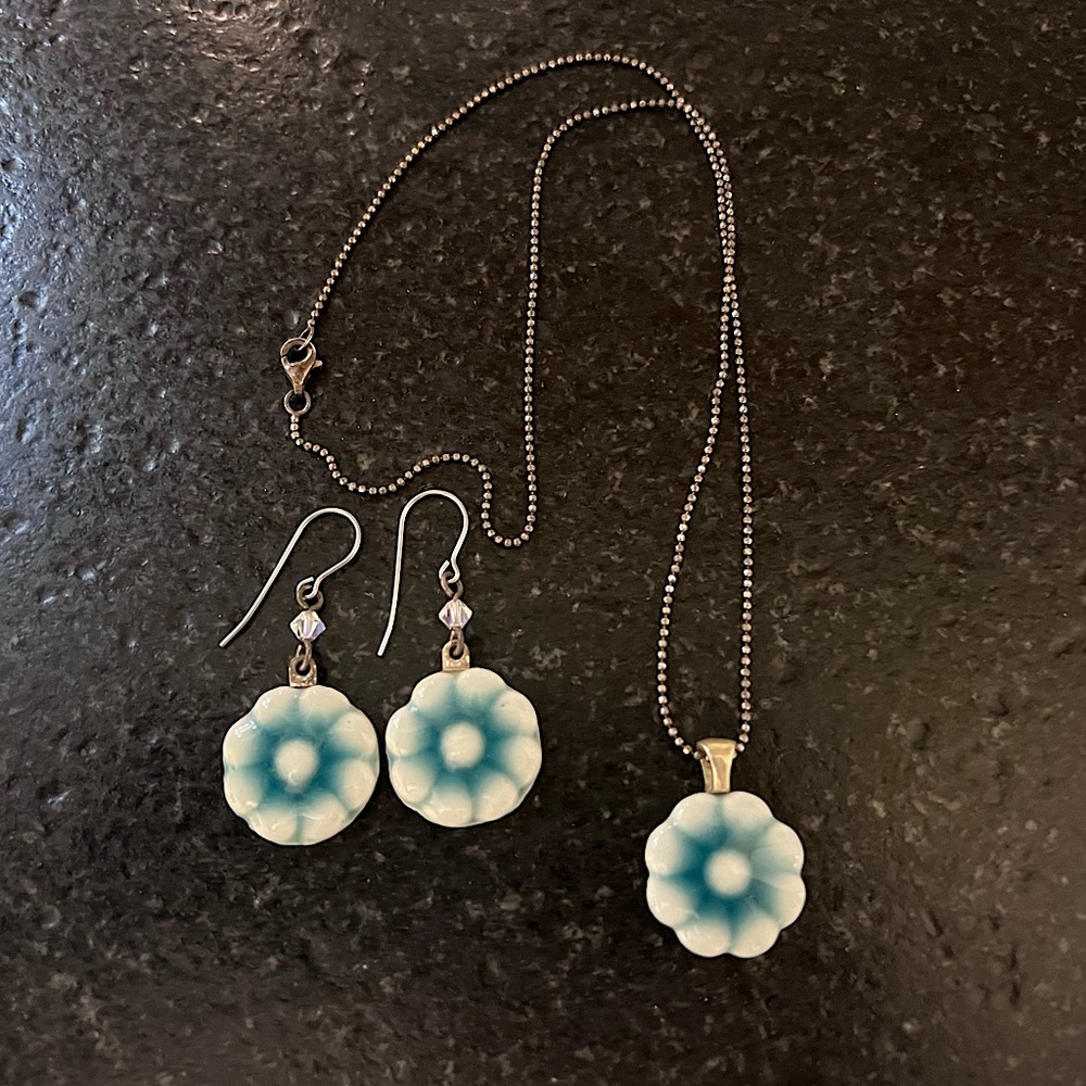 Handcrafted ceramic earrings and matching necklace on sterling silver chain.